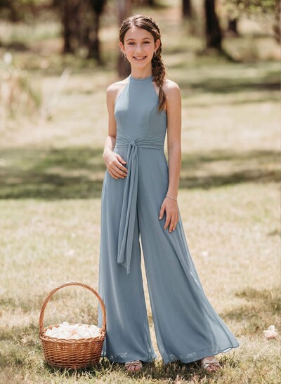 Jumpsuit/Pantsuit Halter Floor-Length Chiffon Junior Bridesmaid Dresses With Pockets/Sash