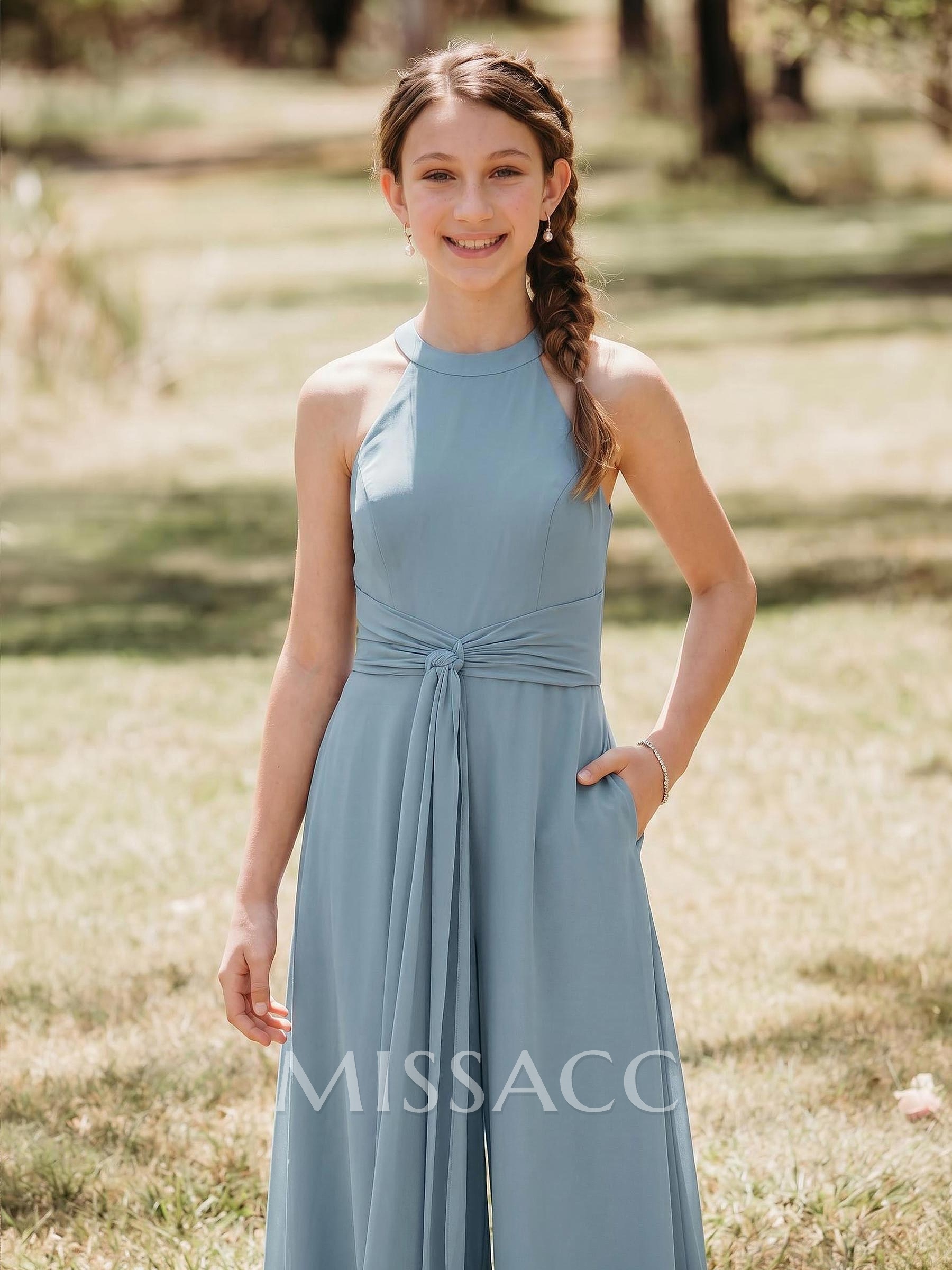 Jumpsuit/Pantsuit Halter Floor-Length Chiffon Junior Bridesmaid Dresses With Pockets/Sash
