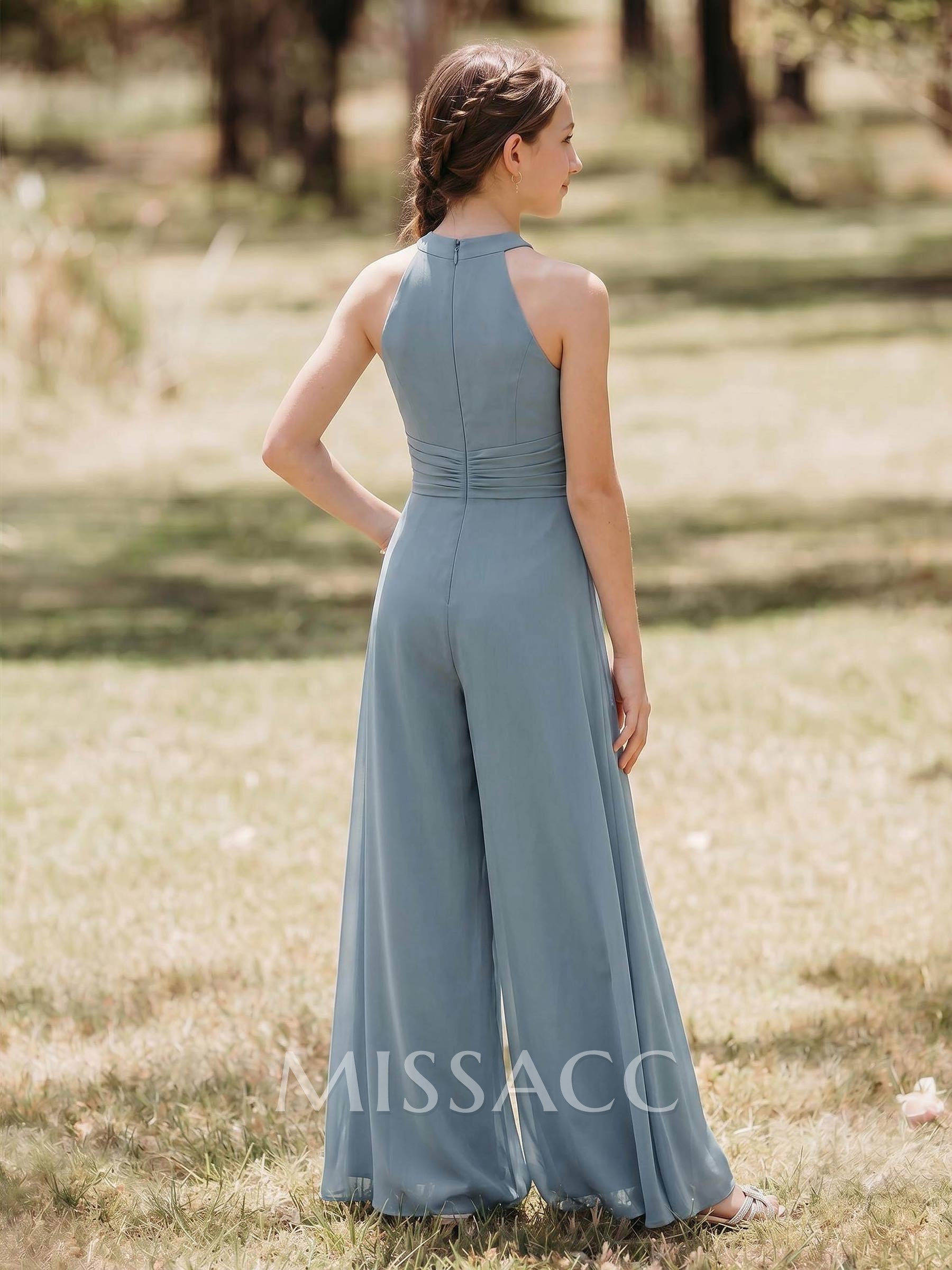 Jumpsuit/Pantsuit Halter Floor-Length Chiffon Junior Bridesmaid Dresses With Pockets/Sash