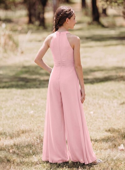 Jumpsuit/Pantsuit Halter Floor-Length Chiffon Junior Bridesmaid Dresses With Pockets/Sash