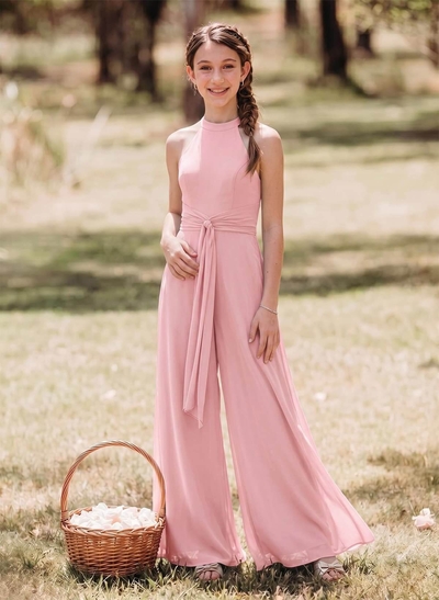 Jumpsuit/Pantsuit Halter Floor-Length Chiffon Junior Bridesmaid Dresses With Pockets/Sash