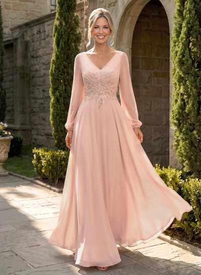 A-Line V-Neck Long Sleeves Floor-Length Chiffon Mother Of The Bride Dresses With Appliques Lace
