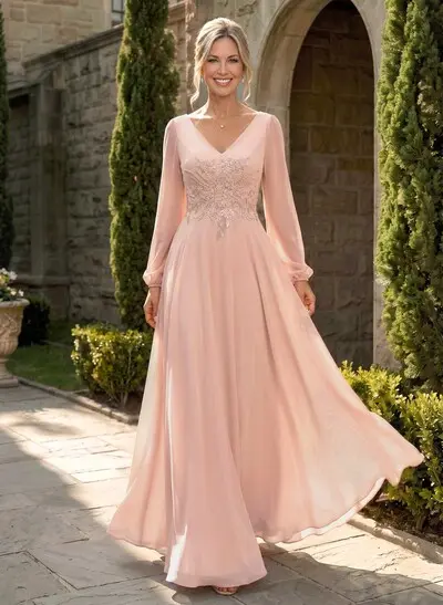 A-Line V-Neck Long Sleeves Floor-Length Chiffon Mother Of The Bride Dresses With Appliques Lace