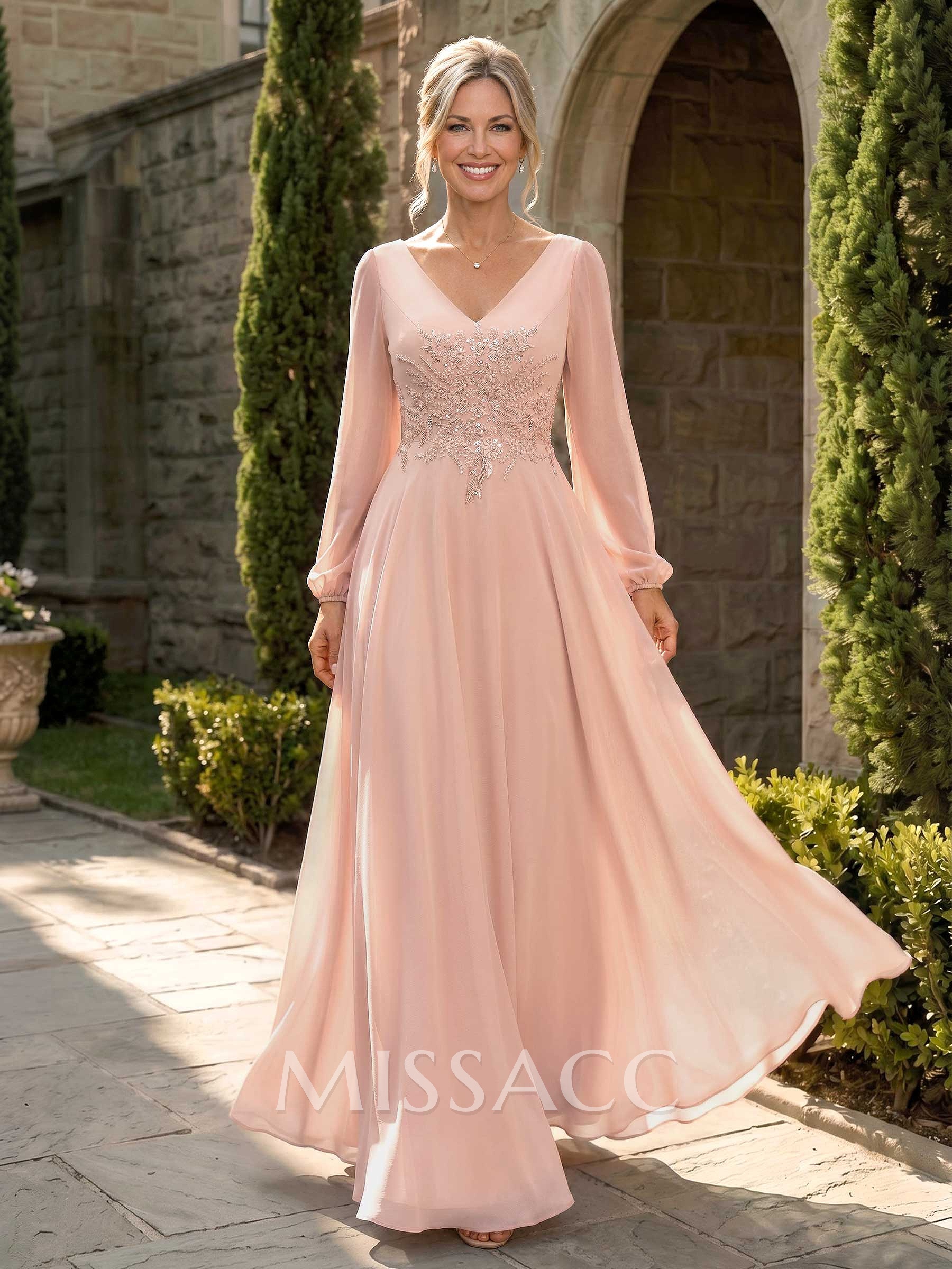 A-Line V-Neck Long Sleeves Floor-Length Chiffon Mother Of The Bride Dresses With Appliques Lace