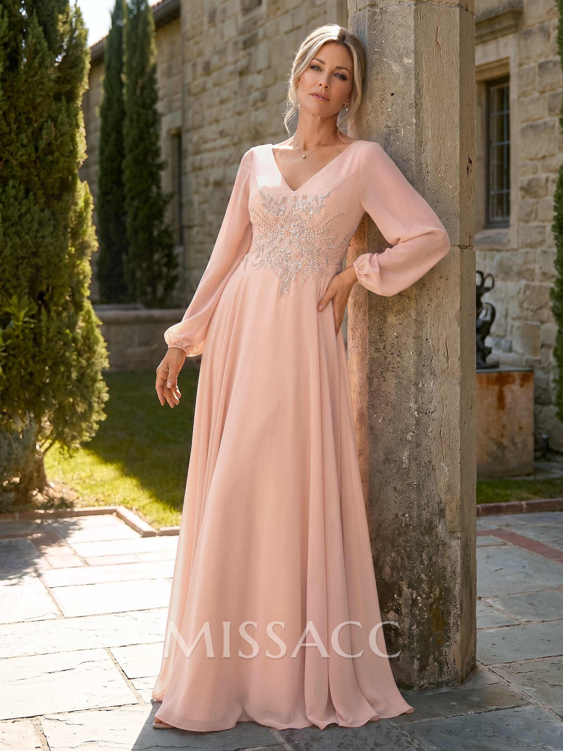A-Line V-Neck Long Sleeves Floor-Length Chiffon Mother Of The Bride Dresses With Appliques Lace
