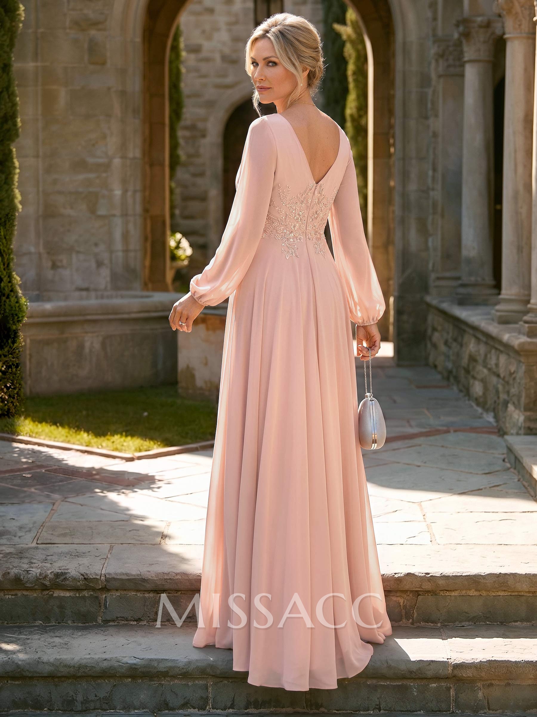 A-Line V-Neck Long Sleeves Floor-Length Chiffon Mother Of The Bride Dresses With Appliques Lace