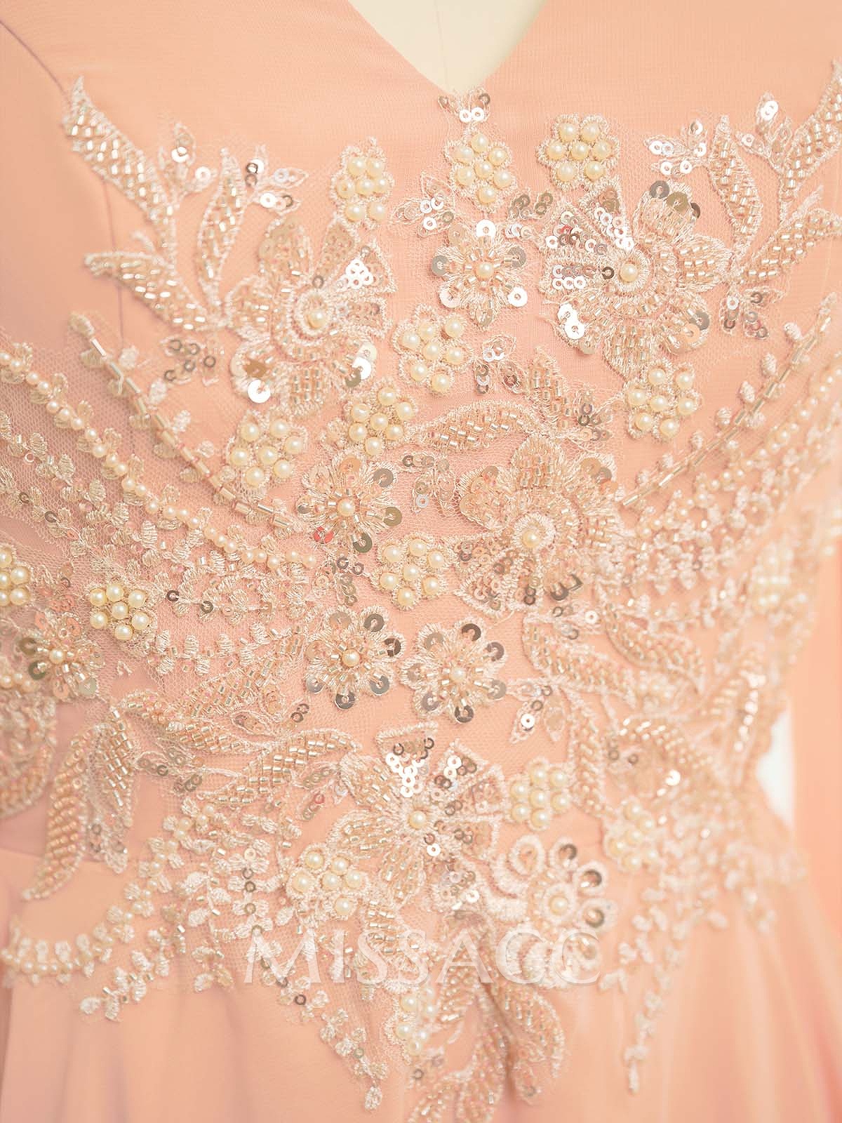 A-Line V-Neck Long Sleeves Floor-Length Chiffon Mother Of The Bride Dresses With Appliques Lace