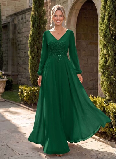 A-Line V-Neck Long Sleeves Floor-Length Chiffon Mother Of The Bride Dresses With Appliques Lace