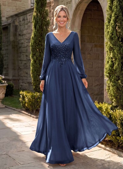 A-Line V-Neck Long Sleeves Floor-Length Chiffon Mother Of The Bride Dresses With Appliques Lace