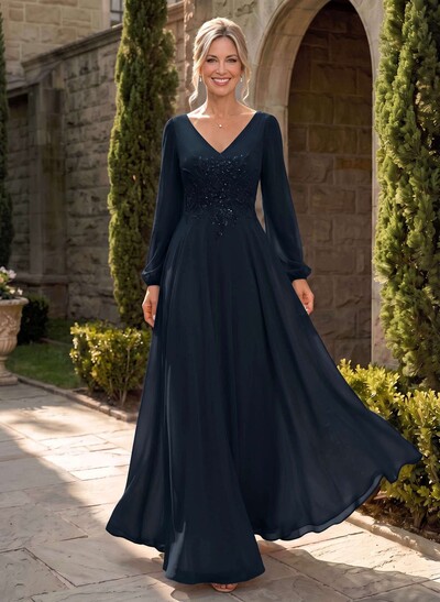 A-Line V-Neck Long Sleeves Floor-Length Chiffon Mother Of The Bride Dresses With Appliques Lace