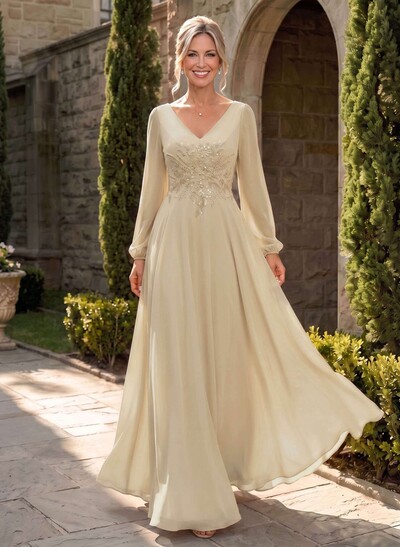 A-Line V-Neck Long Sleeves Floor-Length Chiffon Mother Of The Bride Dresses With Appliques Lace