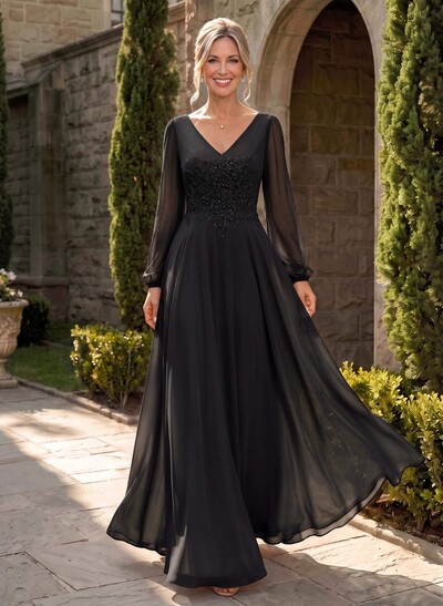A-Line V-Neck Long Sleeves Floor-Length Chiffon Mother Of The Bride Dresses With Appliques Lace