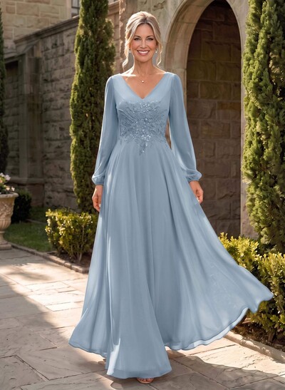 A-Line V-Neck Long Sleeves Floor-Length Chiffon Mother Of The Bride Dresses With Appliques Lace