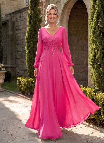 A-Line V-Neck Long Sleeves Floor-Length Chiffon Mother Of The Bride Dresses With Appliques Lace