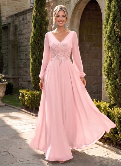 A-Line V-Neck Long Sleeves Floor-Length Chiffon Mother Of The Bride Dresses With Appliques Lace
