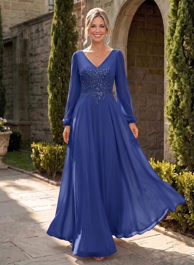 A-Line V-Neck Long Sleeve Floor-Length Chiffon Mother of the Bride Dress with Lace Applique