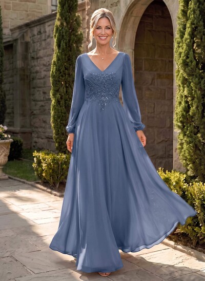 A-Line V-Neck Long Sleeve Floor-Length Chiffon Mother Of The Bride Dress With Lace Appliqué