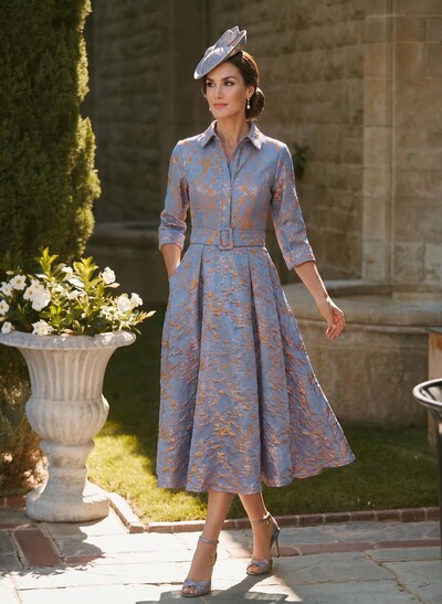 A-Line High Neck 3/4 Sleeves Tea-Length Jacquard Mother Of The Bride Dresses With Sash