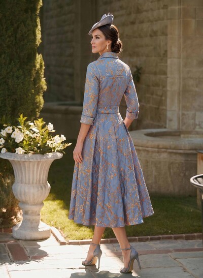 A-Line High Neck 3/4 Sleeves Tea-Length Jacquard Mother Of The Bride Dresses With Sash