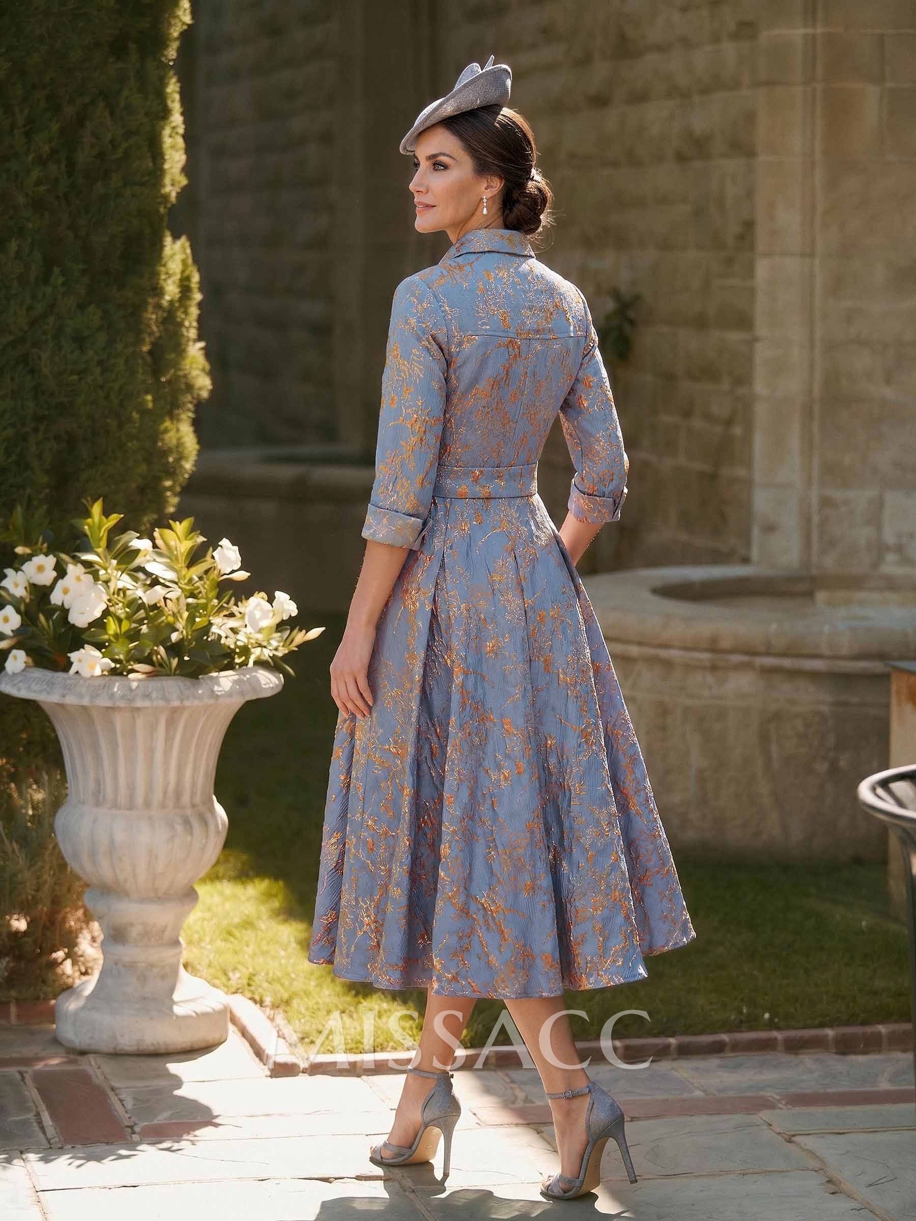 A-Line High Neck 3/4 Sleeves Tea-Length Jacquard Mother Of The Bride Dresses With Sash