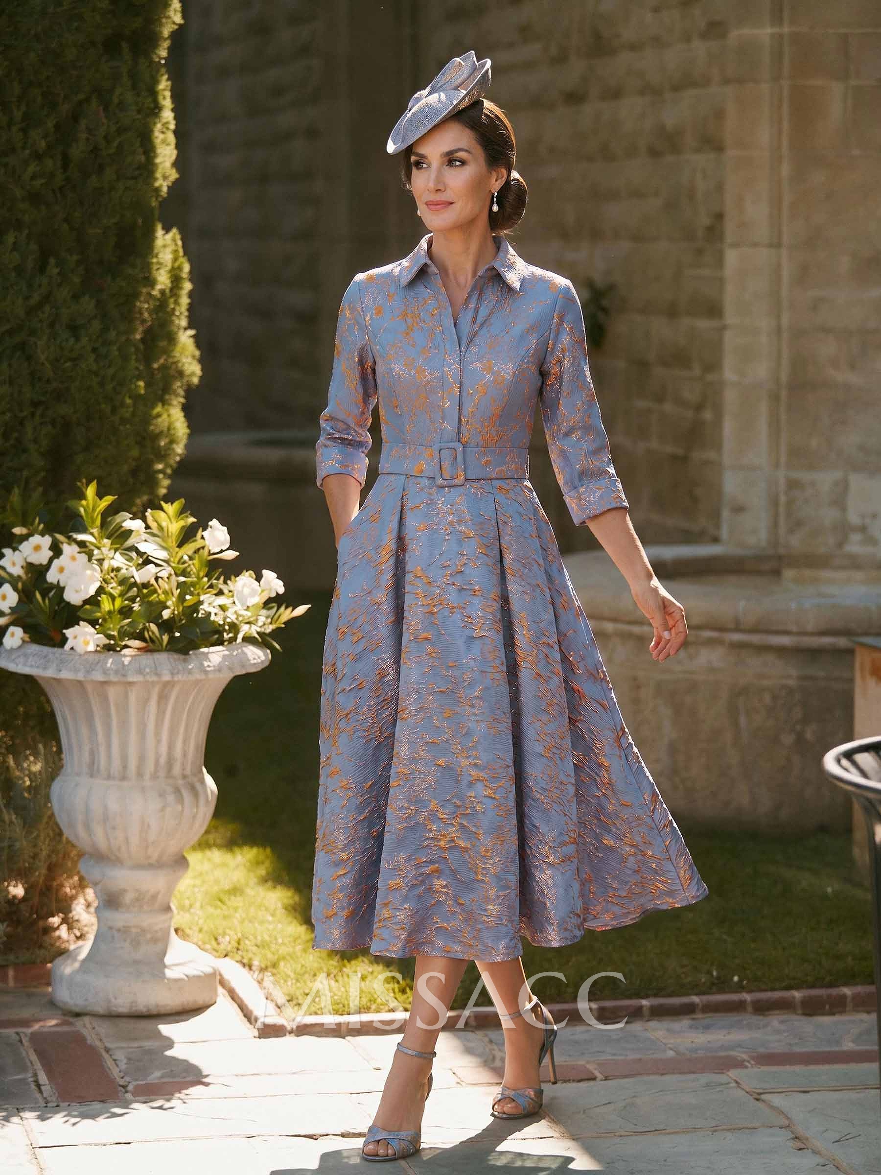 A-Line High Neck 3/4 Sleeves Tea-Length Jacquard Mother Of The Bride Dresses With Sash