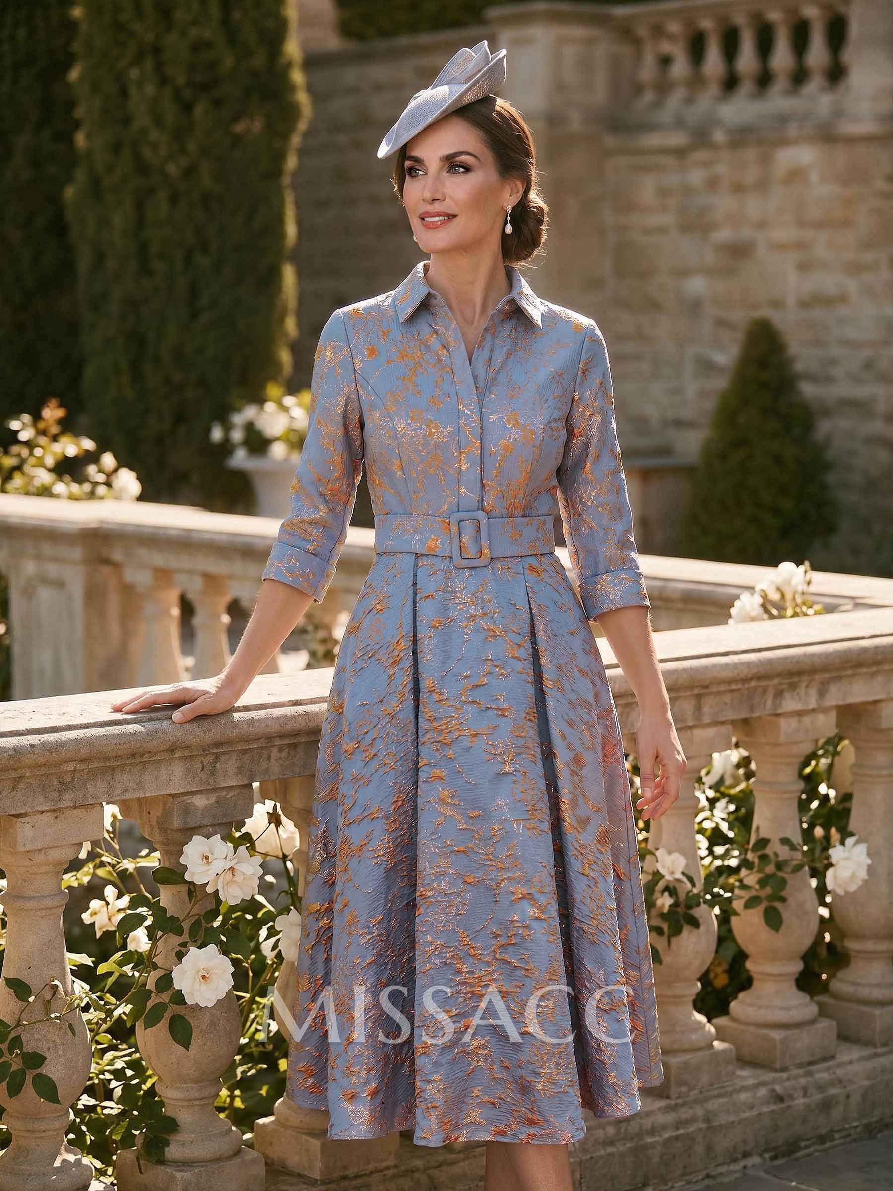 A-Line High Neck 3/4 Sleeves Tea-Length Jacquard Mother Of The Bride Dresses With Sash
