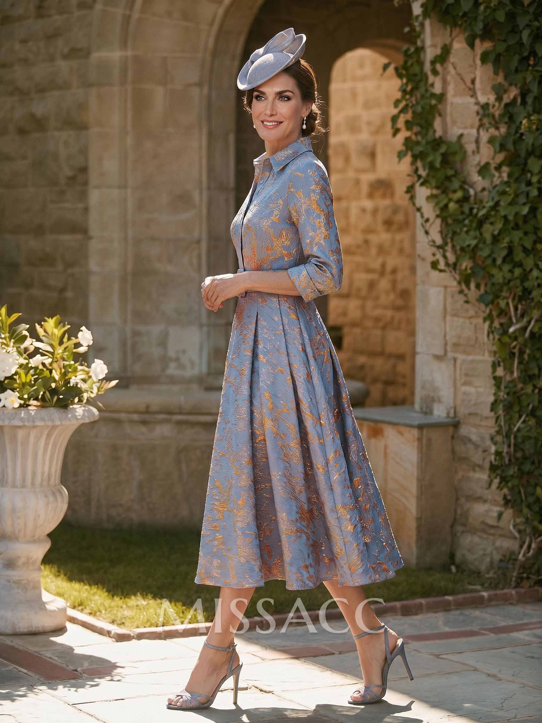 A-Line High Neck 3/4 Sleeves Tea-Length Jacquard Mother Of The Bride Dresses With Sash