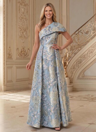 A-Line One-Shoulder Sleeveless Floor-Length Jacquard Mother Of The Bride Dresses With Floral-Print