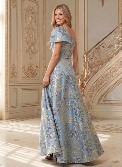 A-Line One-Shoulder Sleeveless Floor-Length Jacquard Mother Of The Bride Dresses With Floral-Print