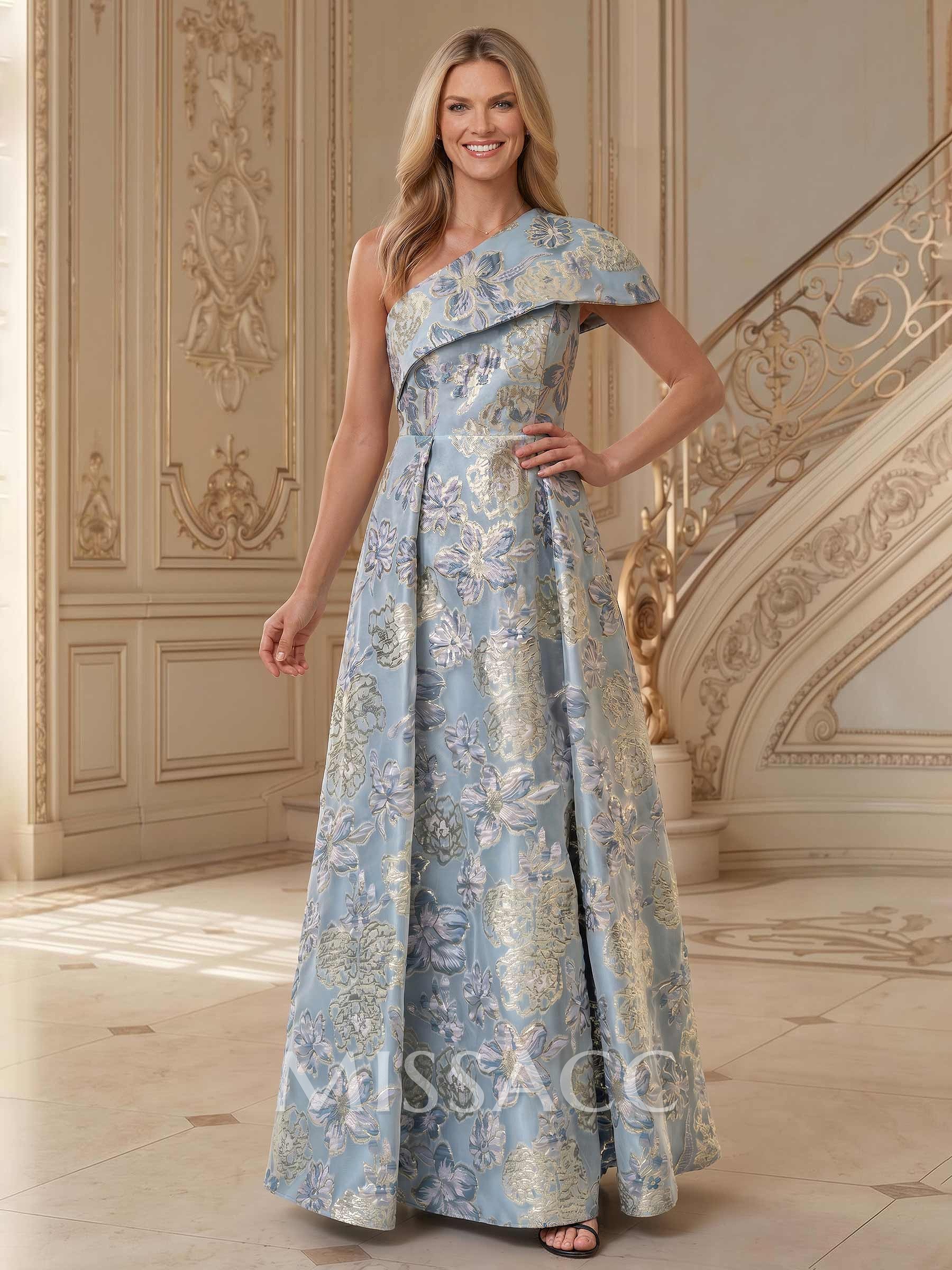 A-Line One-Shoulder Sleeveless Floor-Length Jacquard Mother Of The Bride Dresses With Floral-Print