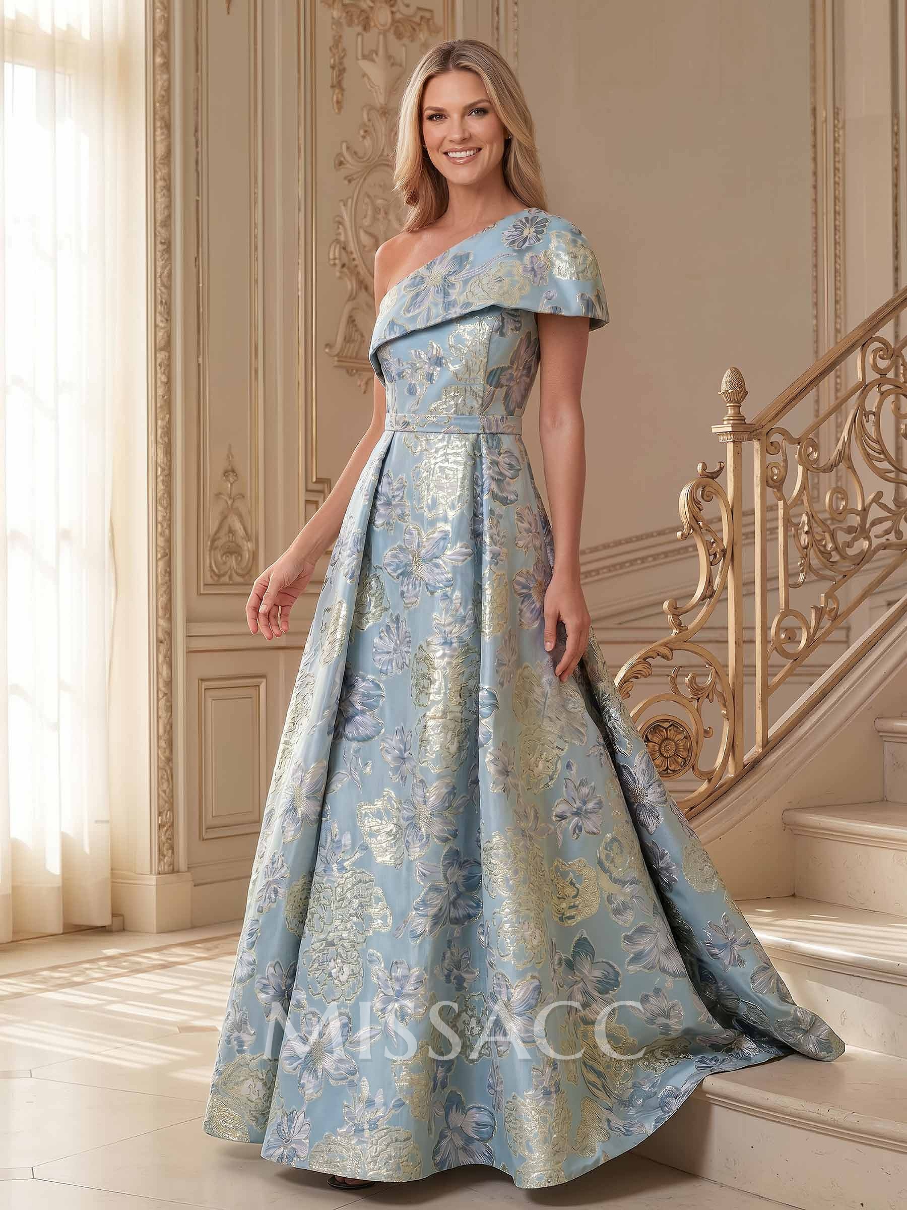 A-Line One-Shoulder Sleeveless Floor-Length Jacquard Mother Of The Bride Dresses With Floral-Print