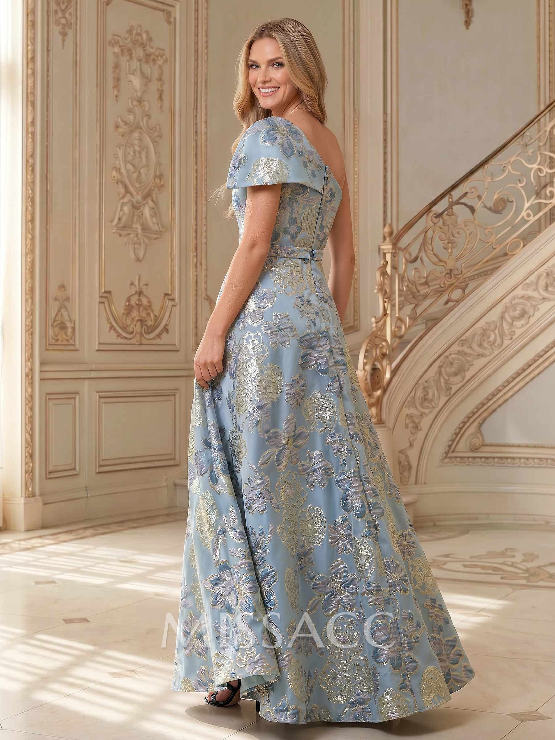 A-Line One-Shoulder Sleeveless Floor-Length Jacquard Mother Of The Bride Dresses With Floral-Print