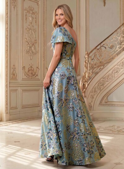A-Line One-Shoulder Sleeveless Floor-Length Jacquard Mother Of The Bride Dresses With Floral-Print