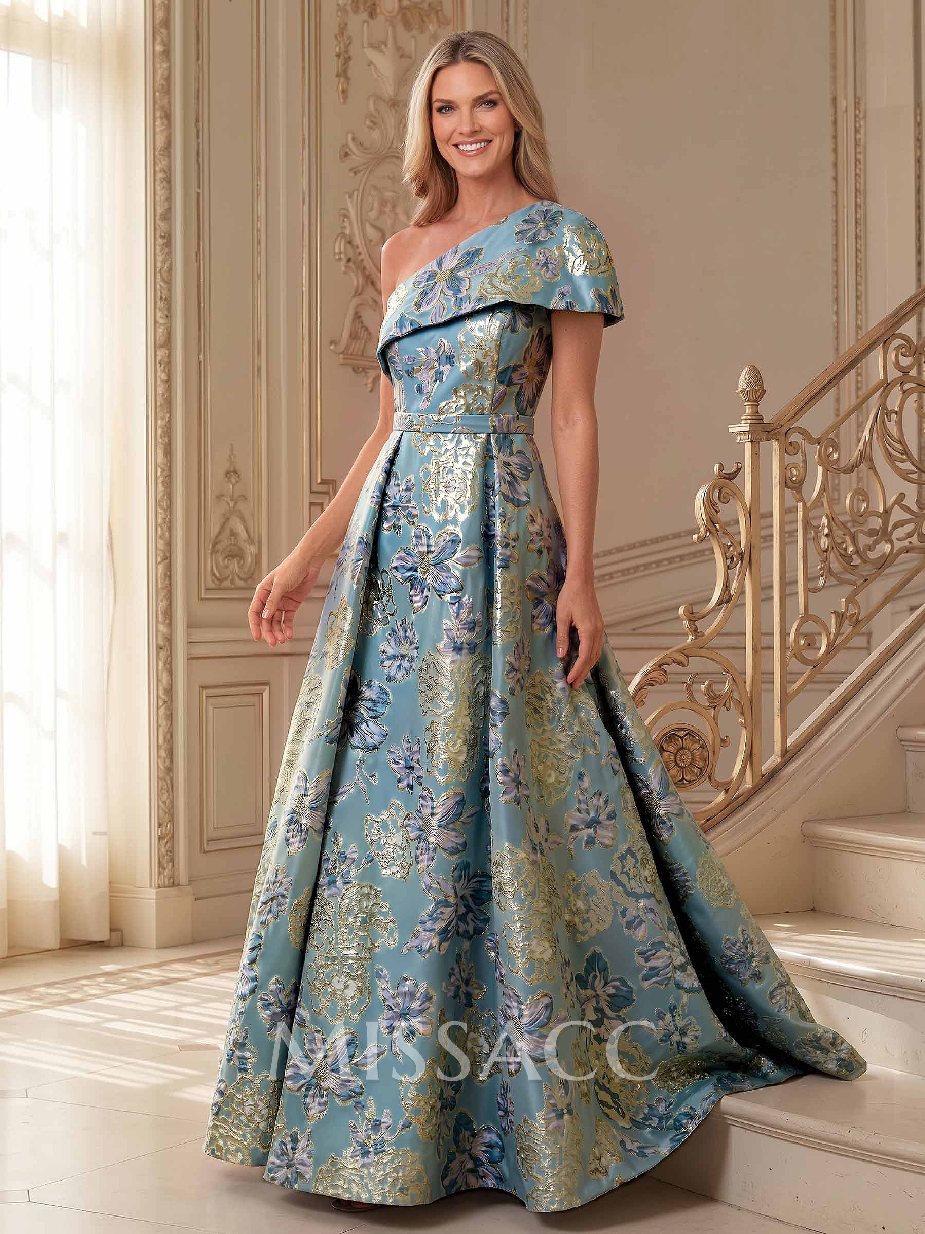 A-Line One-Shoulder Sleeveless Floor-Length Jacquard Mother Of The Bride Dresses With Floral-Print