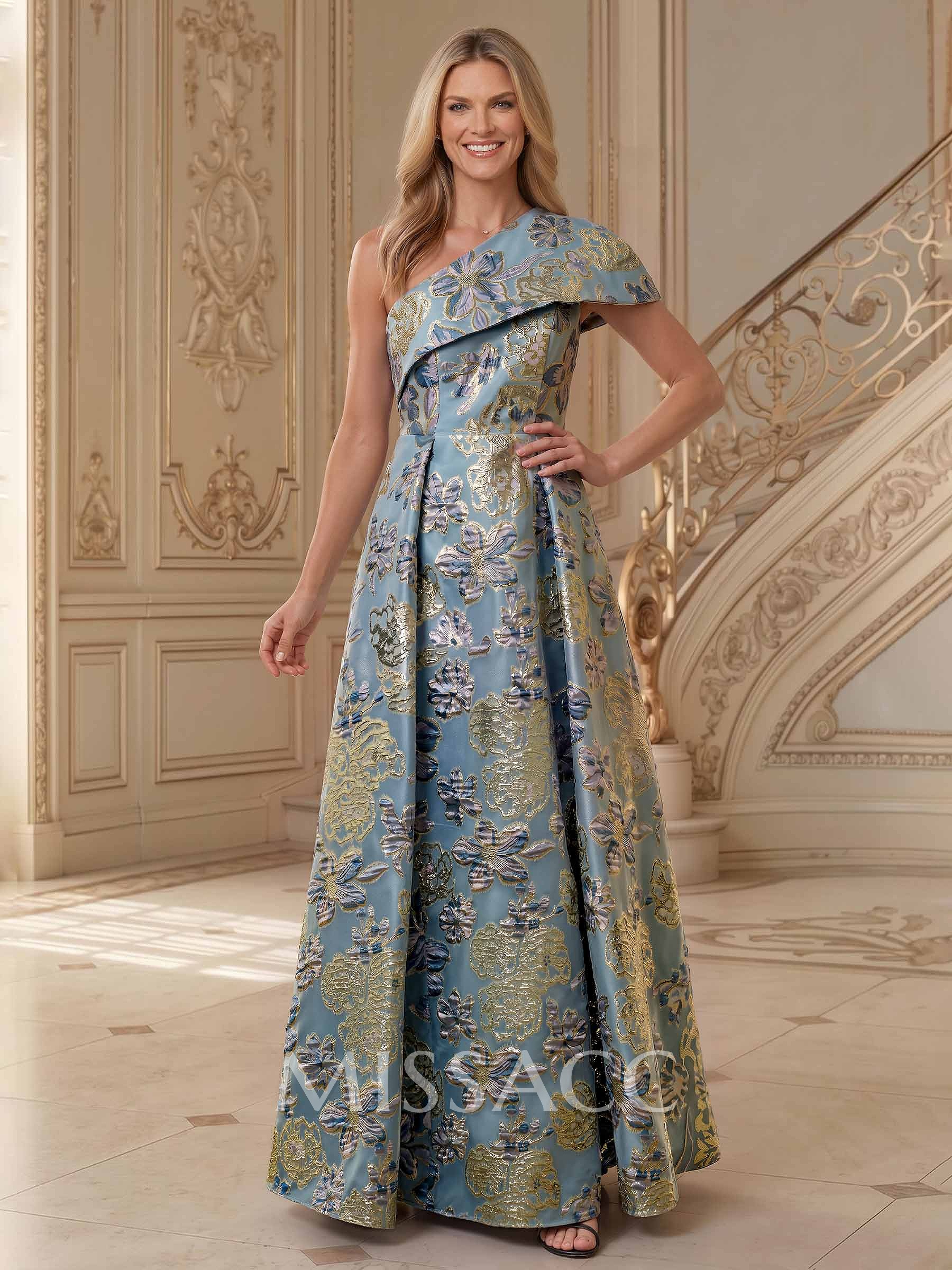 A-Line One-Shoulder Sleeveless Floor-Length Jacquard Mother Of The Bride Dresses With Floral-Print