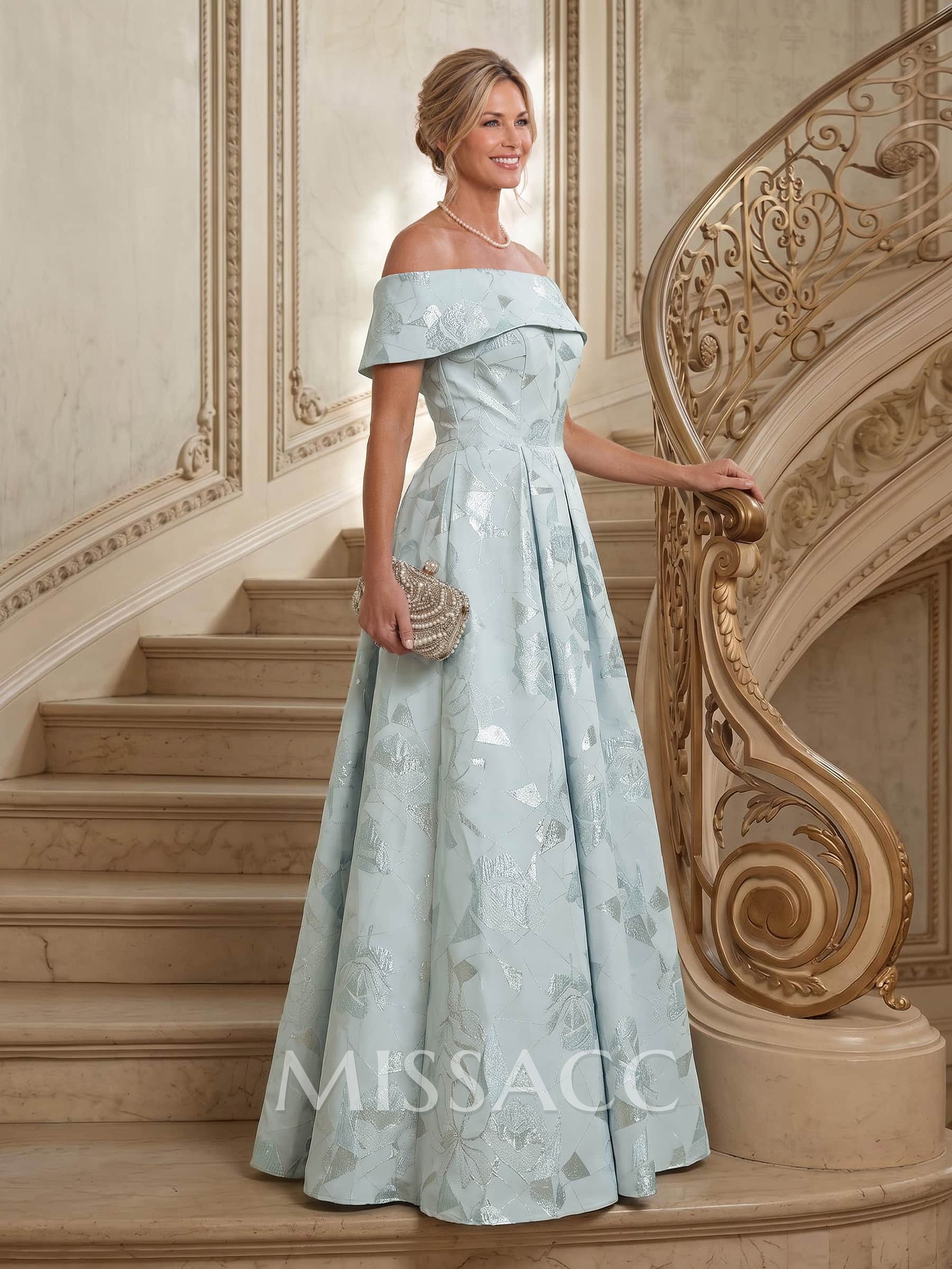 A-Line Off-The-Shoulder Sleeveless Floor-Length Jacquard Mother Of The Bride Dresses