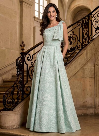 A-Line One-Shoulder Sleeveless Floor-Length Jacquard Mother Of The Bride Dresses With Sweeping Side Drape