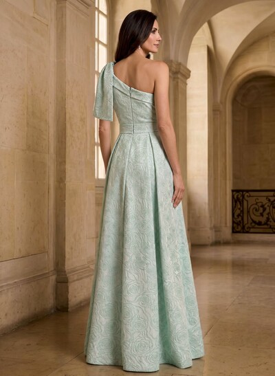 A-Line One-Shoulder Sleeveless Floor-Length Jacquard Mother Of The Bride Dresses With Sweeping Side Drape
