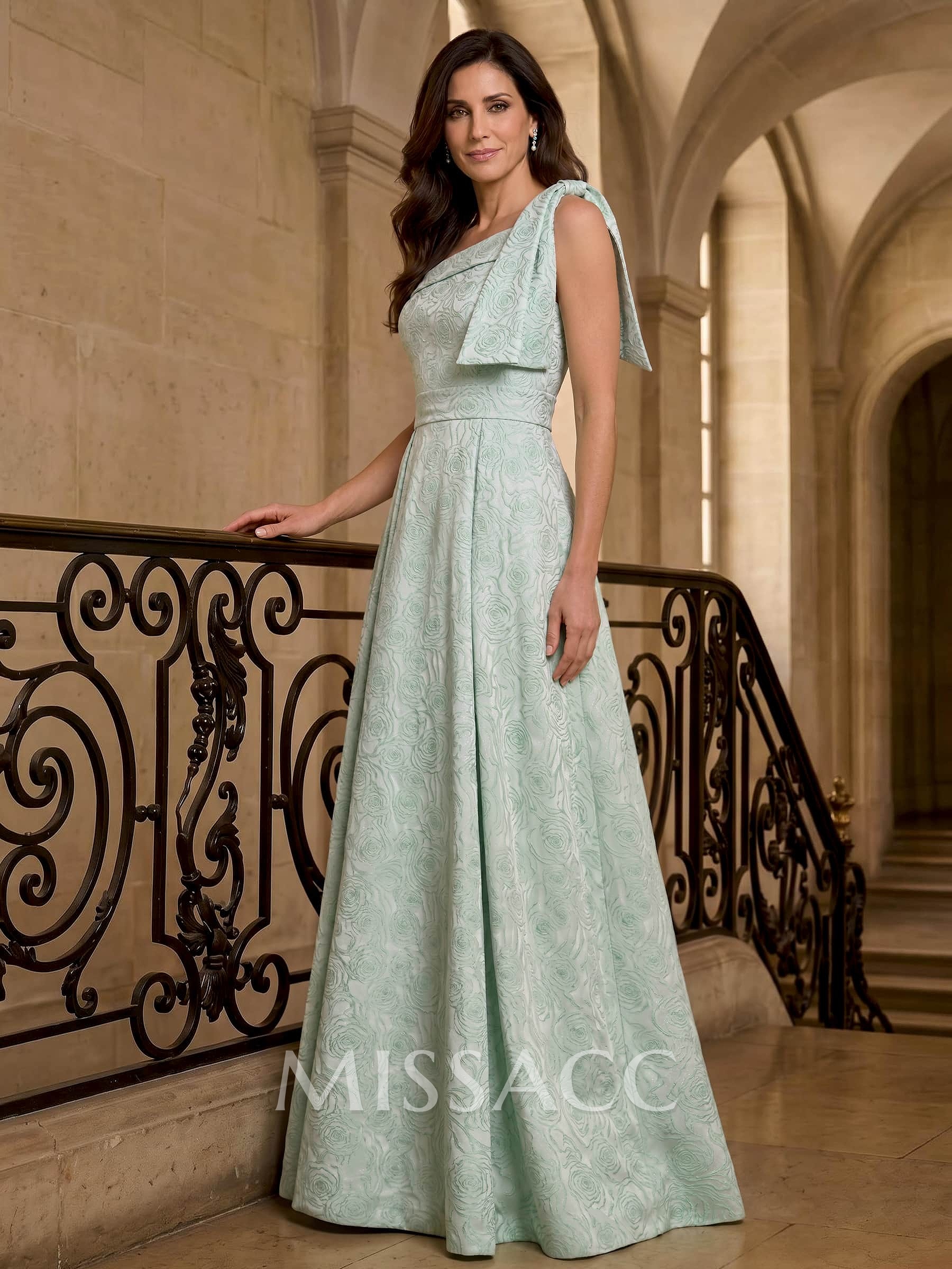 A-Line One-Shoulder Sleeveless Floor-Length Jacquard Mother Of The Bride Dresses With Sweeping Side Drape