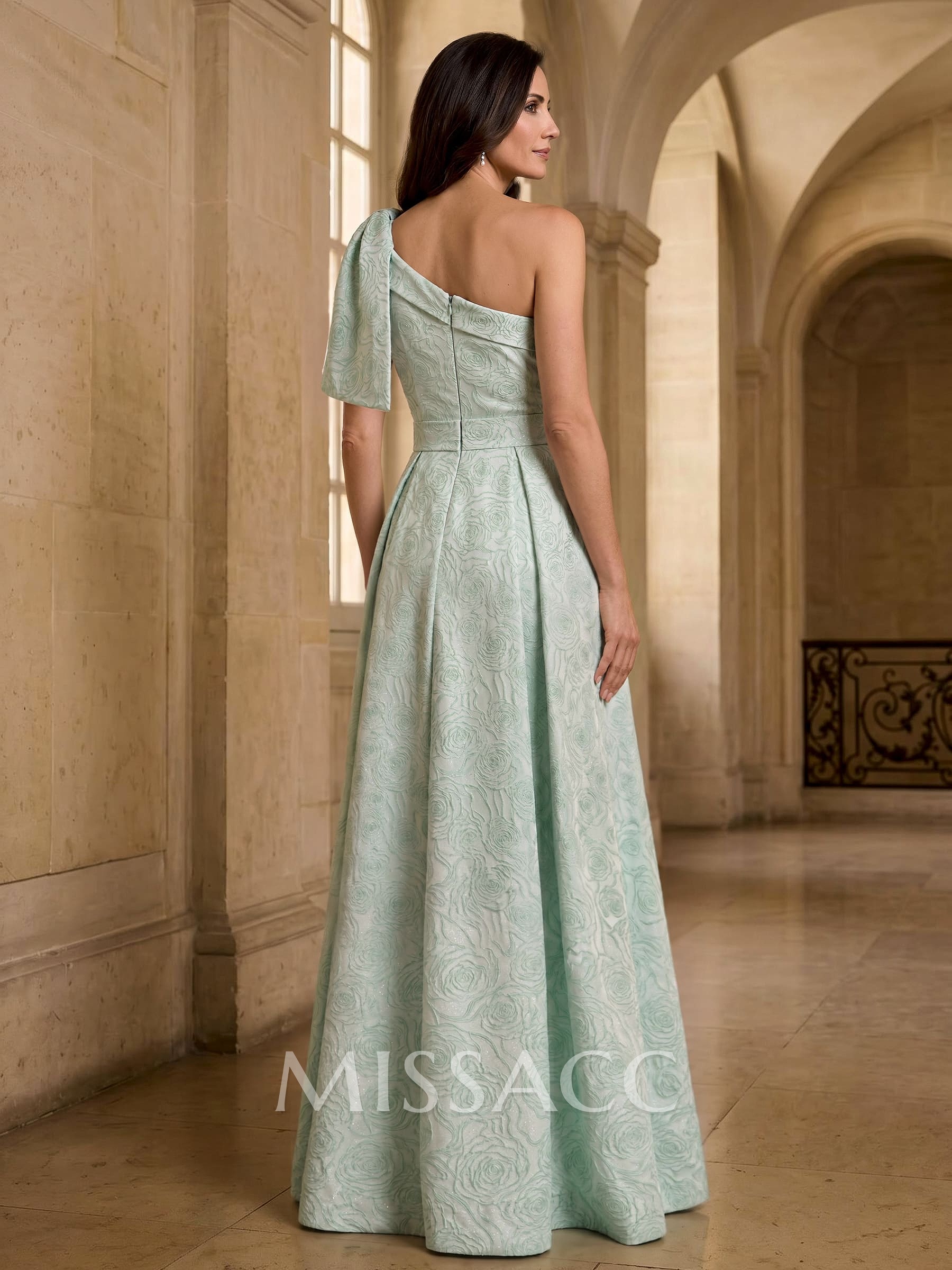 A-Line One-Shoulder Sleeveless Floor-Length Jacquard Mother Of The Bride Dresses With Sweeping Side Drape