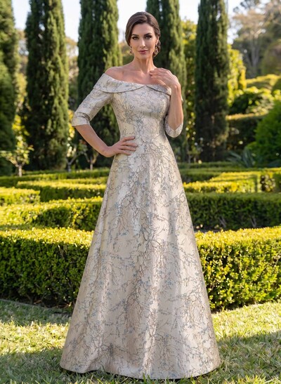 A-Line Off-The-Shoulder 3/4 Sleeves Floor-Length Jacquard Mother Of The Bride Dresses