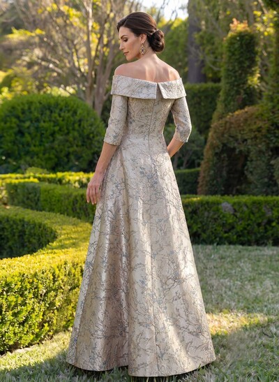 A-Line Off-The-Shoulder 3/4 Sleeves Floor-Length Jacquard Mother Of The Bride Dresses