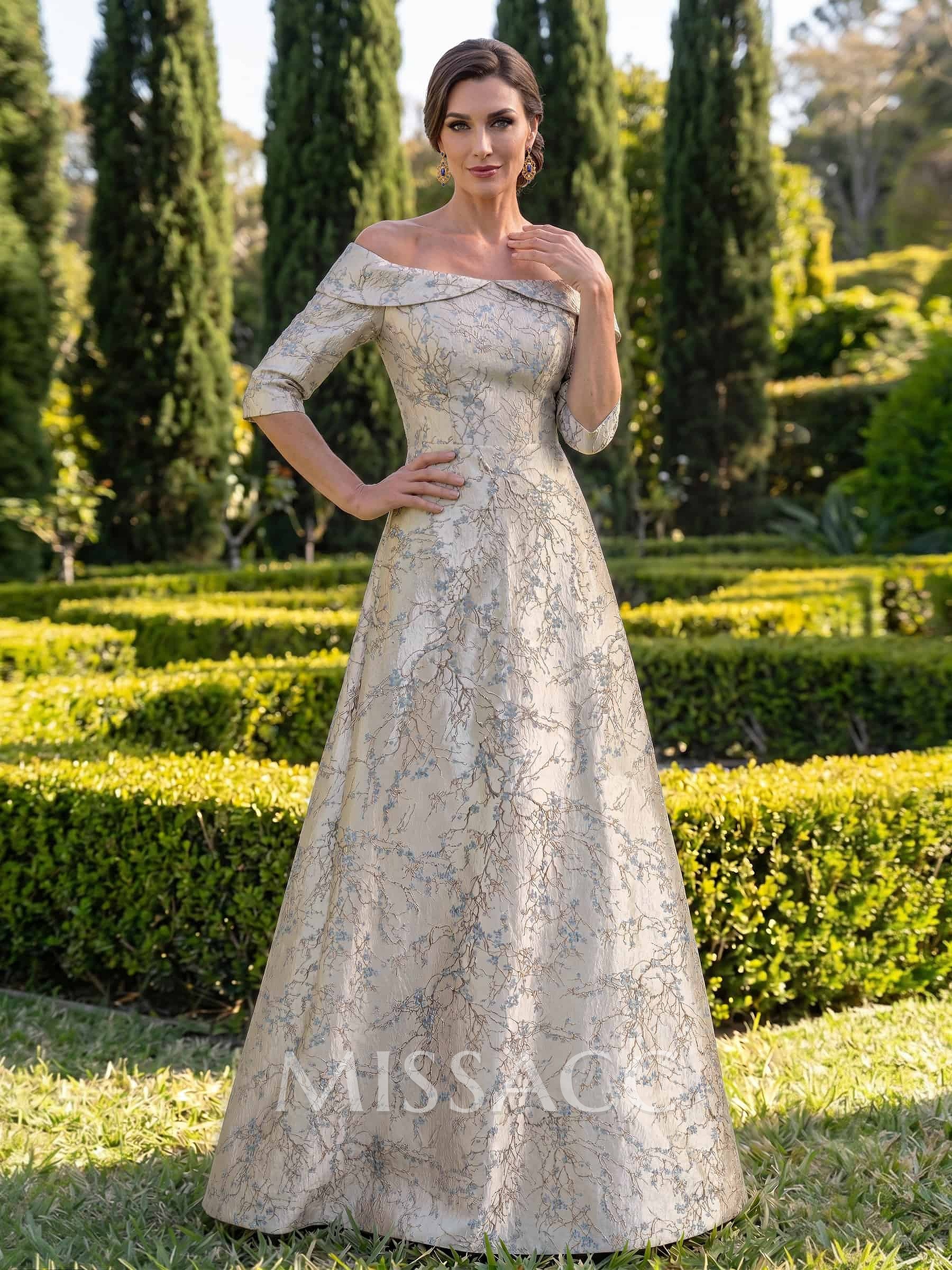 A-Line Off-The-Shoulder 3/4 Sleeves Floor-Length Jacquard Mother Of The Bride Dresses