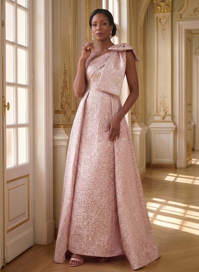 A-Line One-Shoulder Floor-Length Jacquard Mother Of The Bride Dresses With Bow(s)/Overskirt Dress