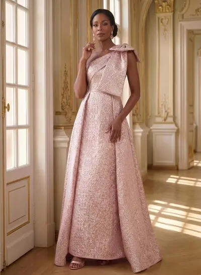 A-Line One-Shoulder Floor-Length Jacquard Mother Of The Bride Dresses With Bow(s)/Overskirt Dress