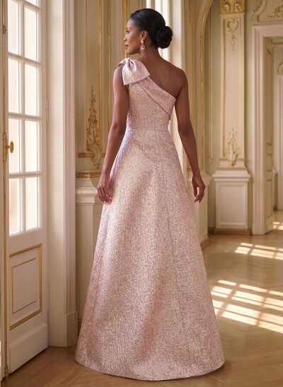 A-Line One-Shoulder Floor-Length Jacquard Mother Of The Bride Dresses With Bow(s)/Overskirt Dress