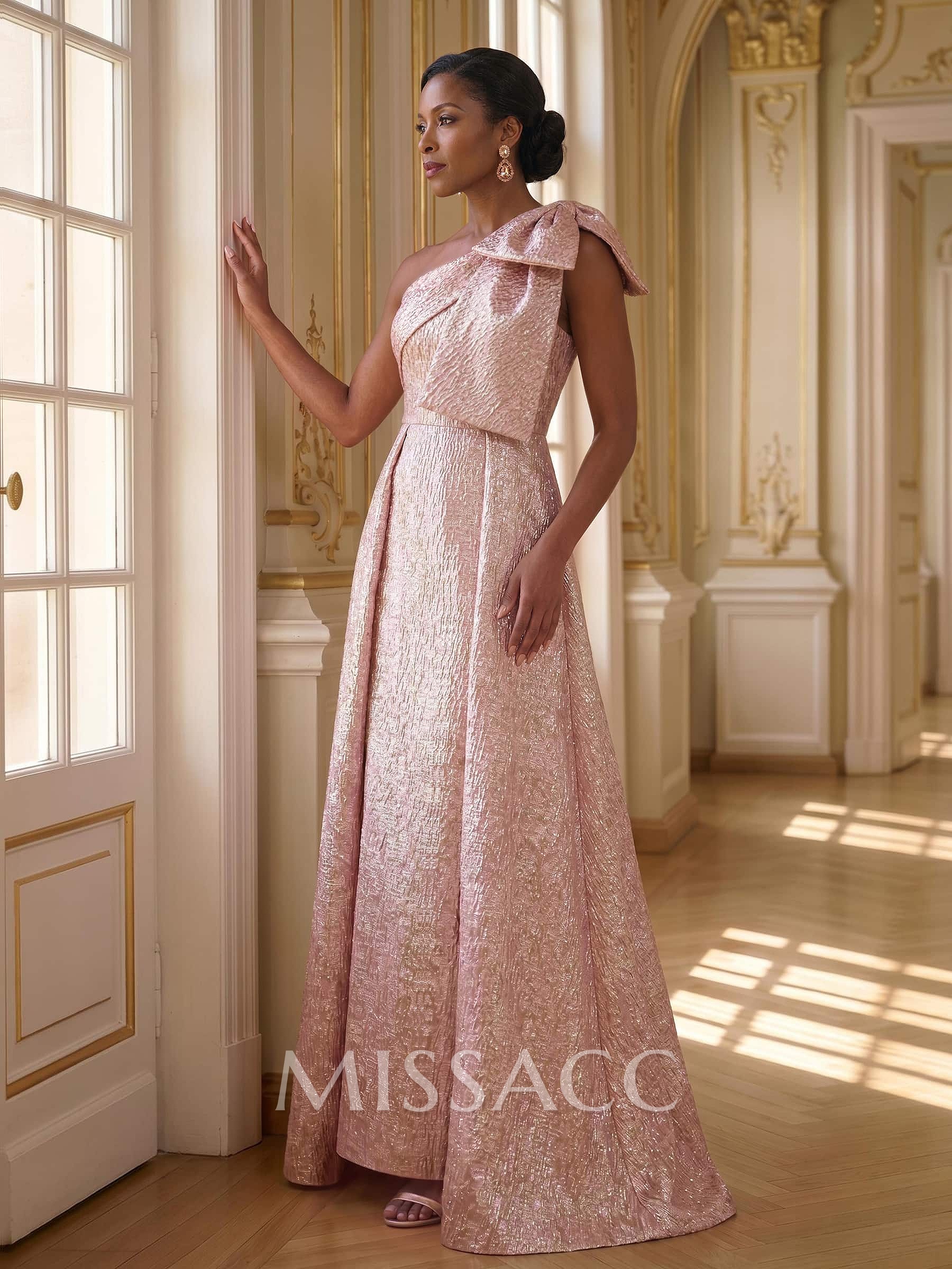 A-Line One-Shoulder Floor-Length Jacquard Mother Of The Bride Dresses With Bow(s)/Overskirt Dress