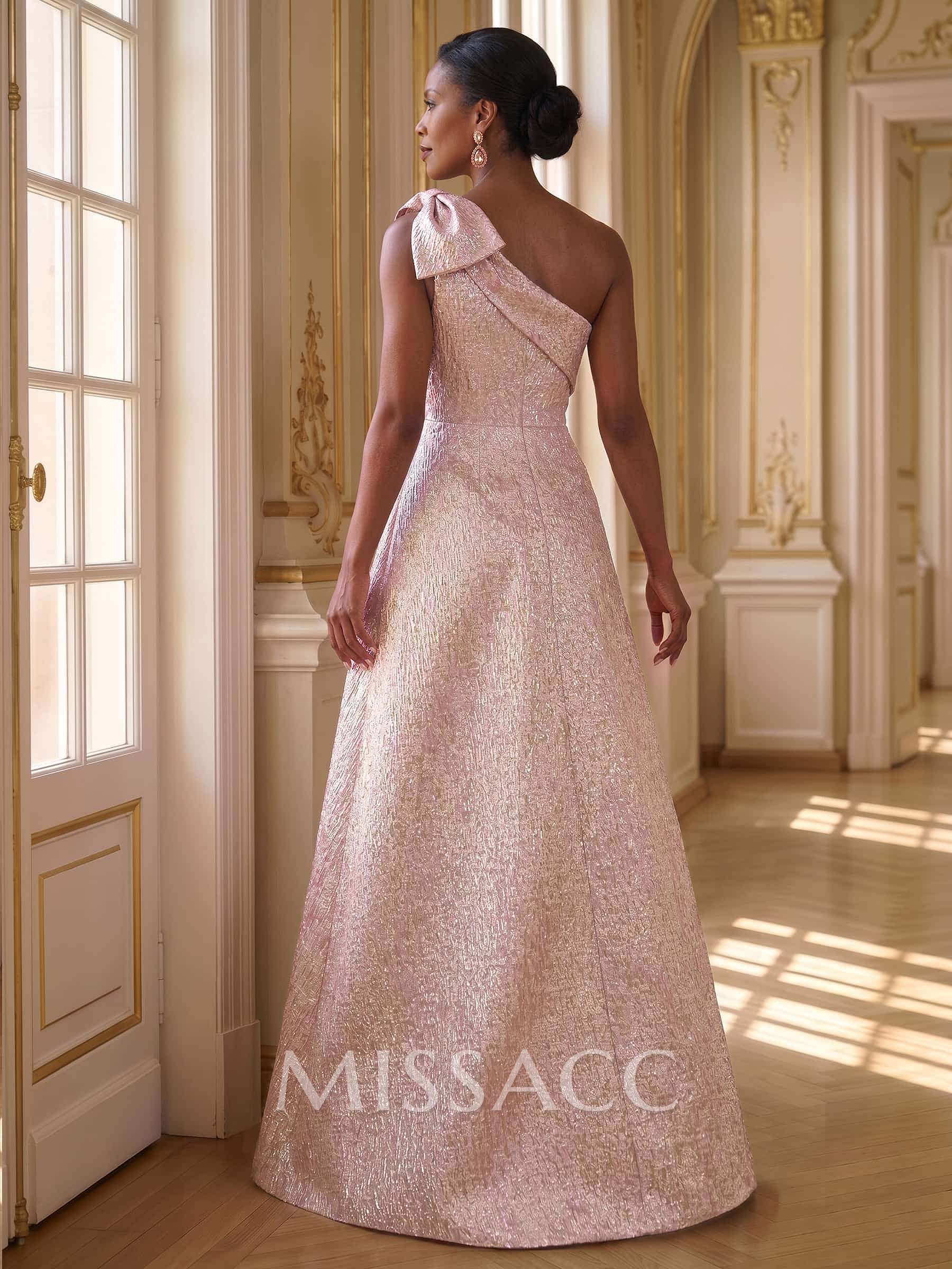A-Line One-Shoulder Floor-Length Jacquard Mother Of The Bride Dresses With Bow(s)/Overskirt Dress