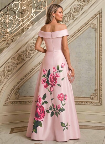 A-Line Off-The-Shoulder Sleeveless Floor-Length Satin Mother Of The Bride Dresses With Floral-Print
