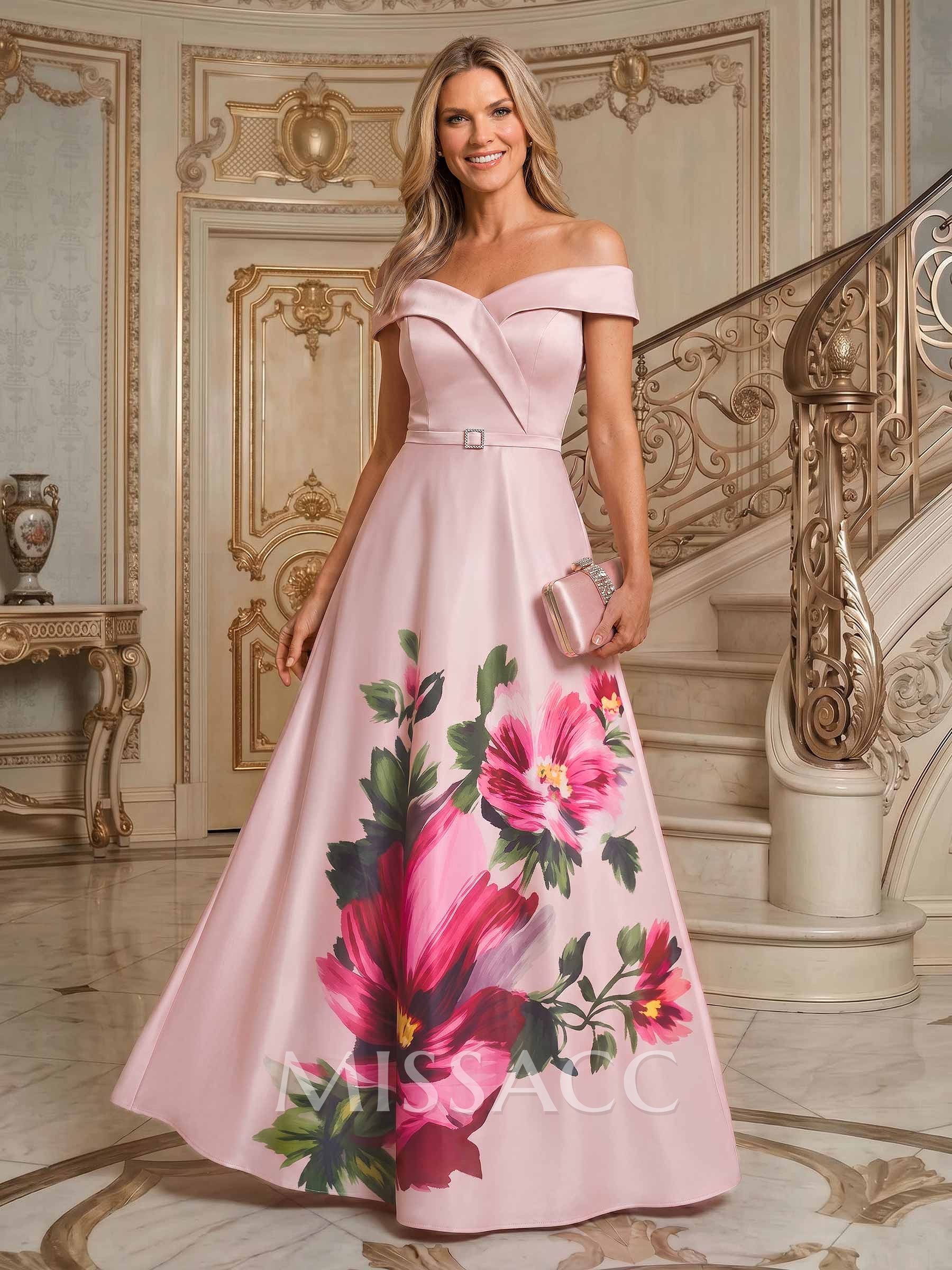 A-Line Off-The-Shoulder Sleeveless Floor-Length Satin Mother Of The Bride Dresses With Floral-Print